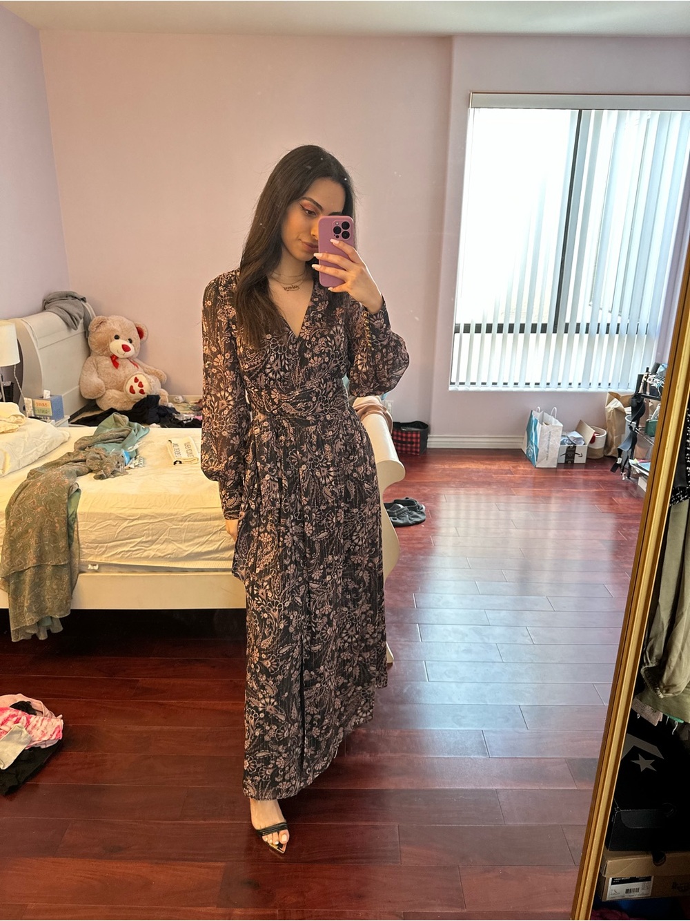 Floral Long Sleeve Wrap Maxi Dress in Dark Plum BTFL • LIFE